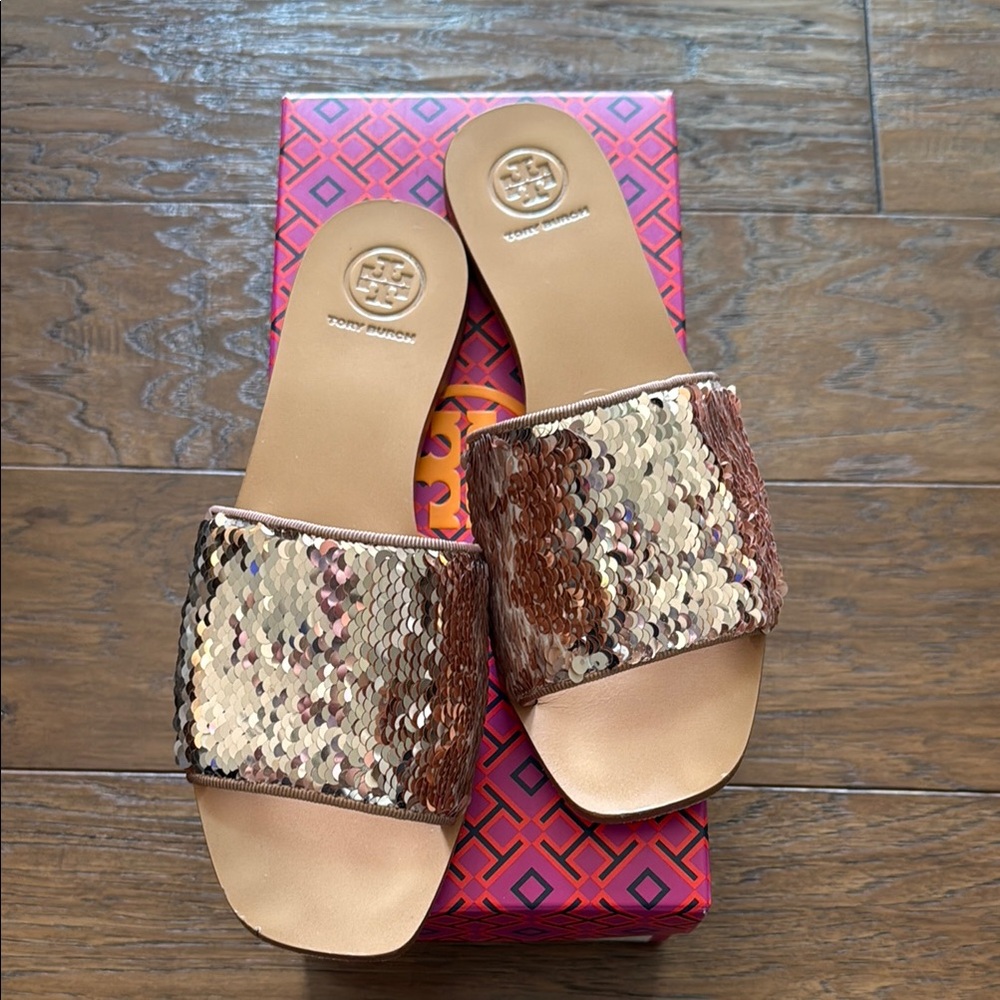 Tory Burch Gold and Brown Sandals with Sequin Detail